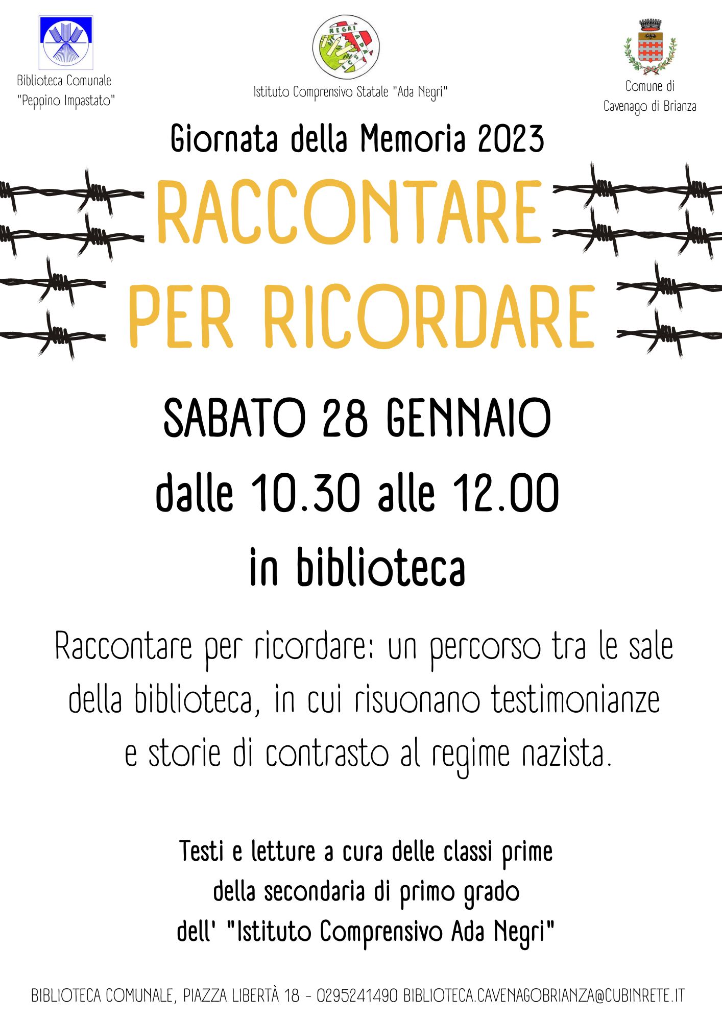 Raccontare per ricordare: letture in Biblioteca dalle 10.30 alle 12.00 per la Giornata della Memoria. 