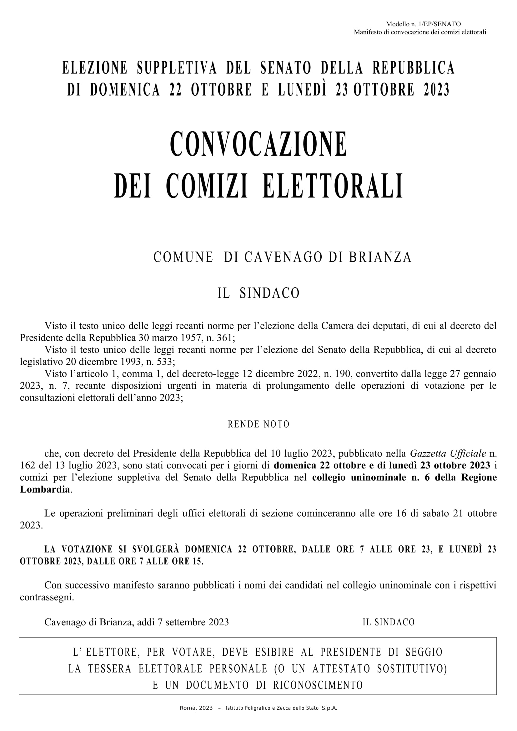ELEZIONE SUPPLETIVA DEL SENATO DELLA REPUBBLICA NEL COLLEGIO UNINOMINALE 6 - MONZA E DELLA BRIANZA